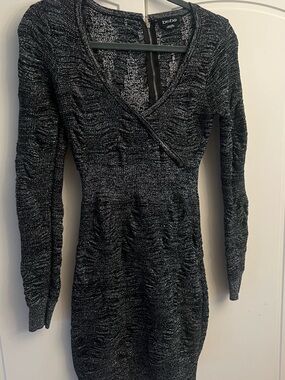 bebe Black Silver Metallic Long Sleeve Wrap Knit Dress